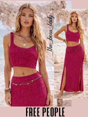 Free People skirt set co-ord crochet matching set havana sweater set boho Medium